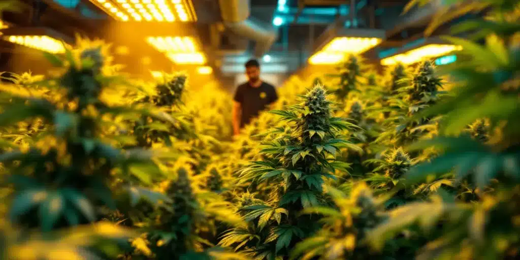 Indoor cannabis farm under warm HPS grow lights, with a blurred person in the distance among dense plants.