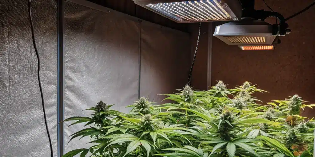 Hyper-realistic indoor cannabis grow room with lush plants under LED grow lights, one red-toned.