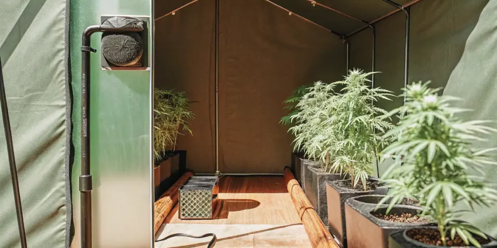 Cannabis plants in an indoor grow tent with controlled lighting and ventilation.