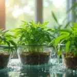Three cannabis plants in glass containers with water and pebbles, showcasing an indoor deep water culture system.