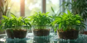 Three cannabis plants in glass containers with water and pebbles, showcasing an indoor deep water culture system.