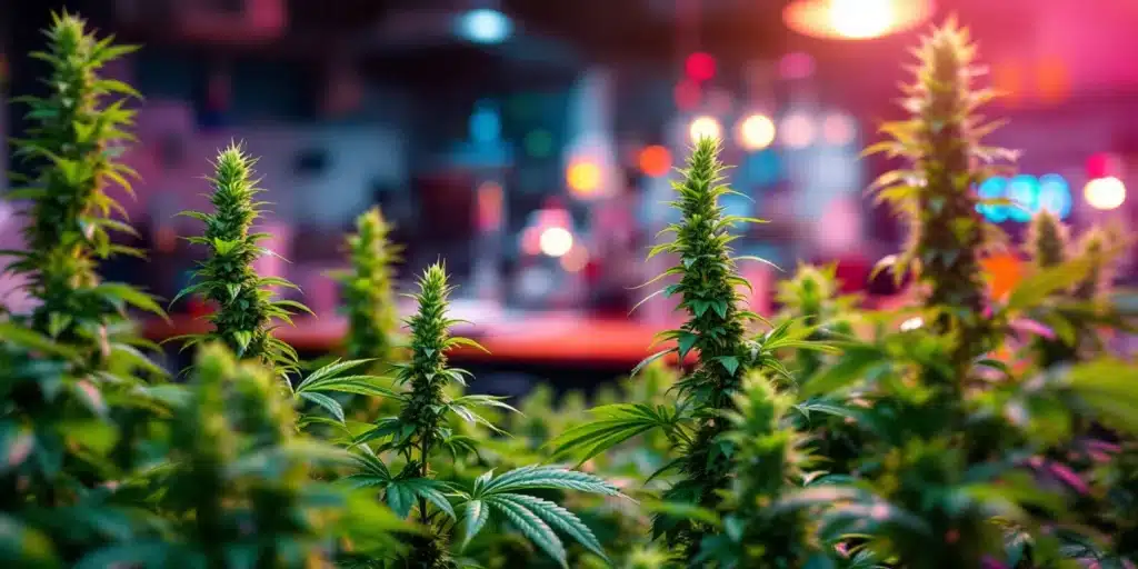 Tall cannabis plants growing indoors under artificial lights with a vibrant background.