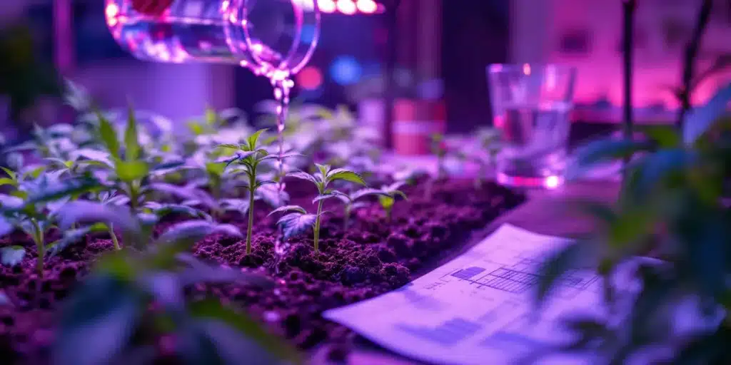 Watering young medical cannabis seedlings under LED grow lights for indoor cultivation.
