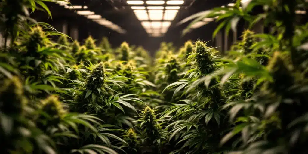 Indoor cannabis grow room with lush green plants receiving Cal-Mag nutrients.