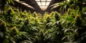 Indoor cannabis grow room with lush green plants receiving Cal-Mag nutrients.