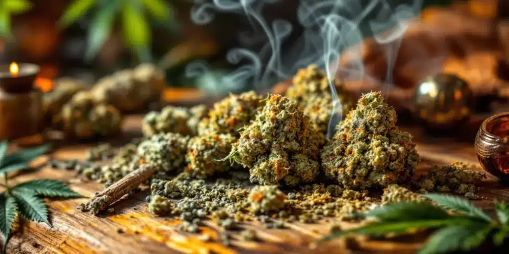 Close-up of burning hemp wick next to cannabis buds, showcasing a natural alternative to butane lighters.