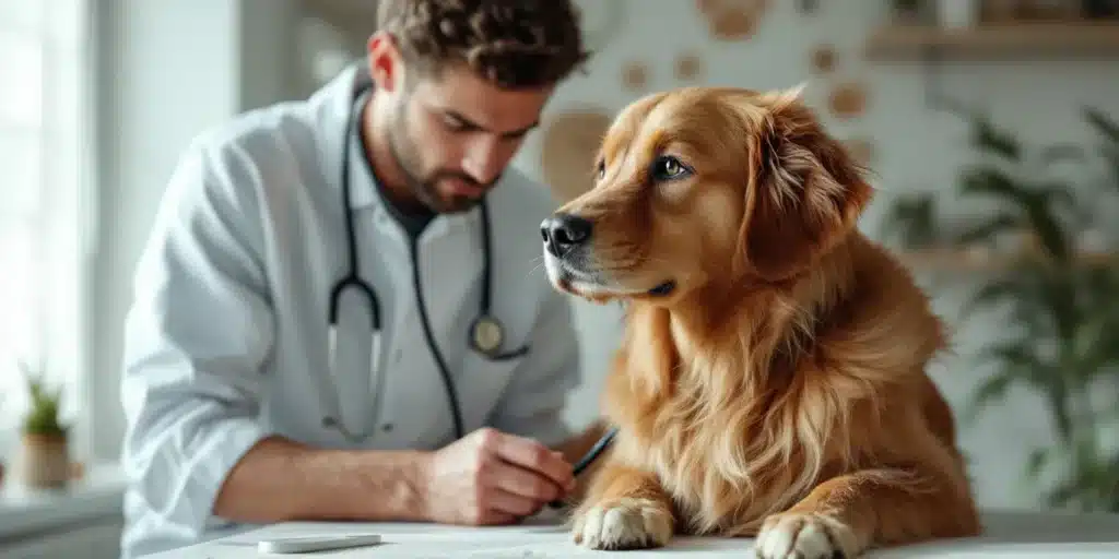 A veterinarian examining a golden retriever for THC safety concerns.
