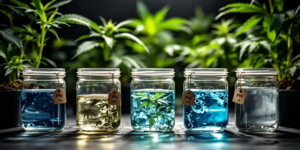 Five jars with different colored water and cannabis leaves, each labeled "PH," for cannabis.  