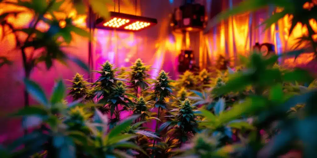 Cannabis plants thriving under LED grow lights in a professional indoor grow tent.