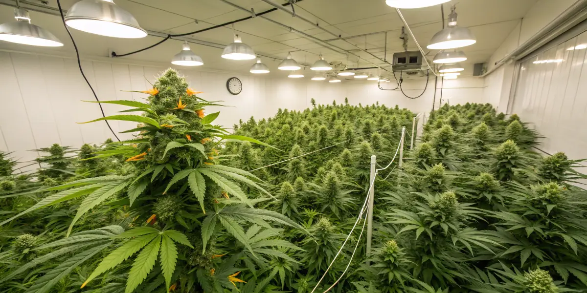 Hyper-realistic indoor cannabis grow room filled with rows of lush green plants, and a prominent plant in the foreground, under bright lights with a clock on the wall.