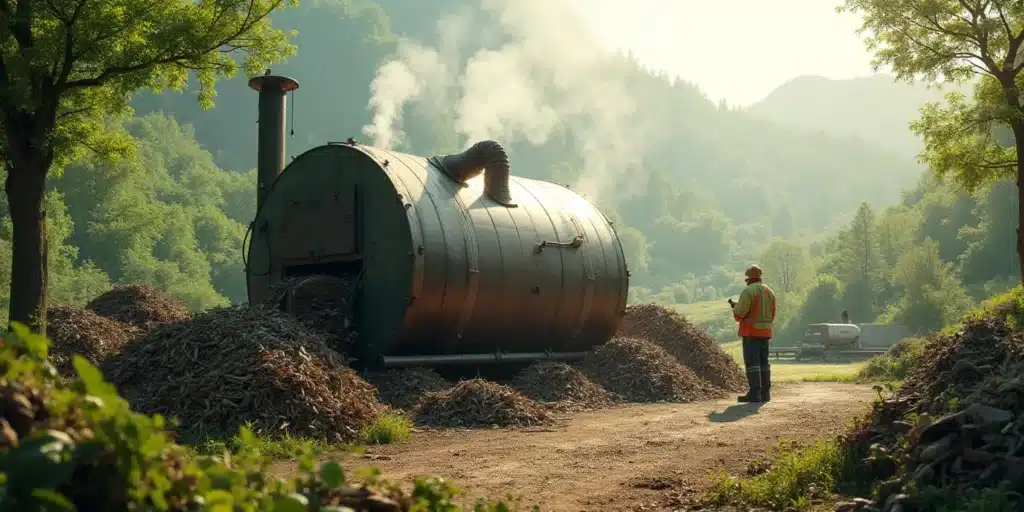 Industrial biochar production equipment surrounded by wood material