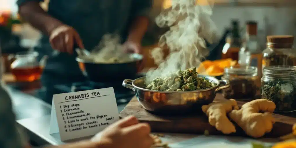 A steaming pot with cannabis buds and herbs being prepared into a flu-relieving tea.