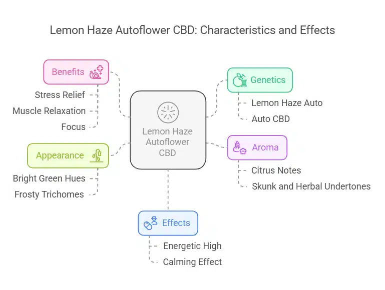 Infographic outlining key details such as genetics, effects, benefits, aroma, and appearance, with colorful section icons for easy navigation about Lemon Haze Autoflower CBD