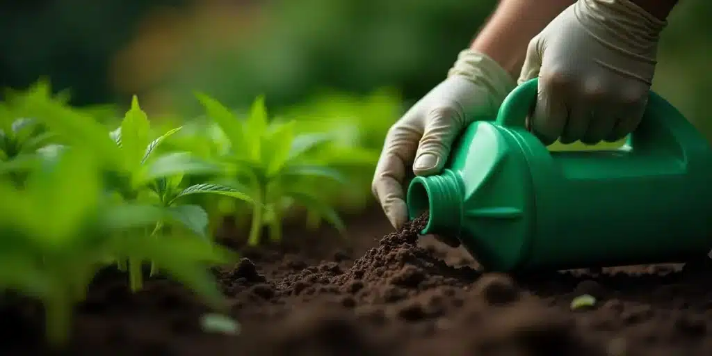 A farmer pouring liquid fertilizer onto autoflower cannabis plants, promoting strong, healthy growth in an outdoor cultivation setting.