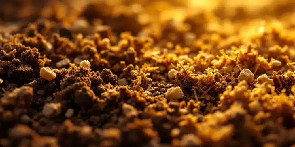 A close-up of nutrient-rich living soil filled with beneficial microbes and fungi.