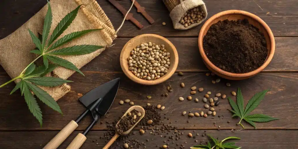 Cannabis seeds, soil, and gardening tools on a rustic wooden table, ready for planting. Essential supplies for growers