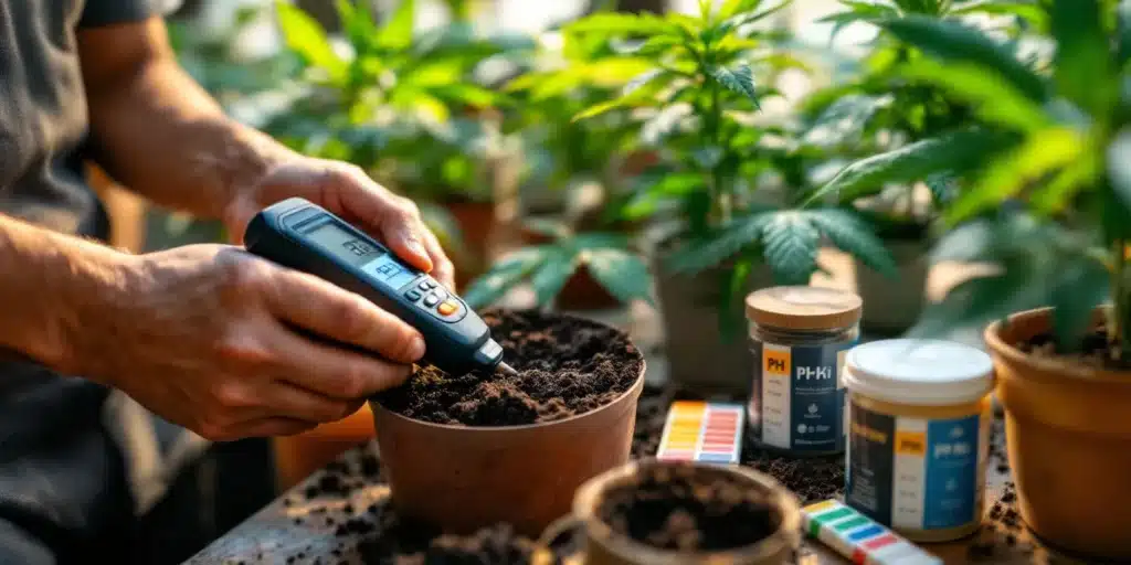 Hands using a digital meter to measure soil pH in a potted cannabis plant, with other plants and testing kits in the background.