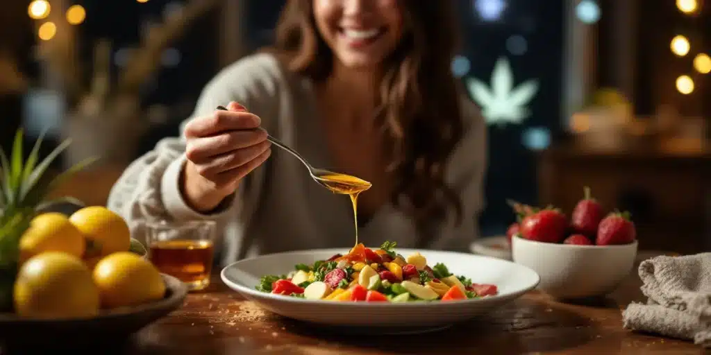 A woman enjoying a meal infused with medical marijuana syrup.