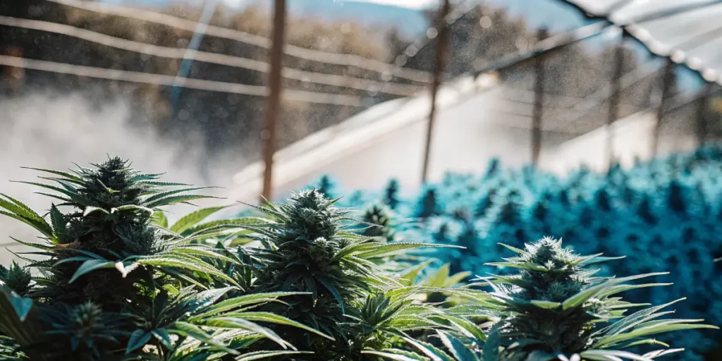 Close-up of cannabis plants under misting system inside a greenhouse with a blue-hued background.