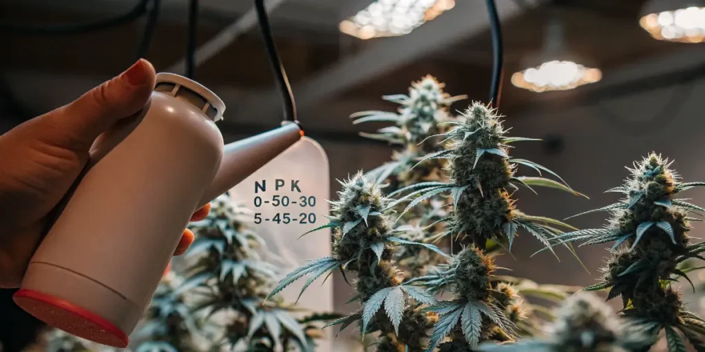 Hyper-realistic close-up of a hand watering cannabis plants with a white bottle showing NPK numbers "0-50-30" and "5-45-20", under grow lights.