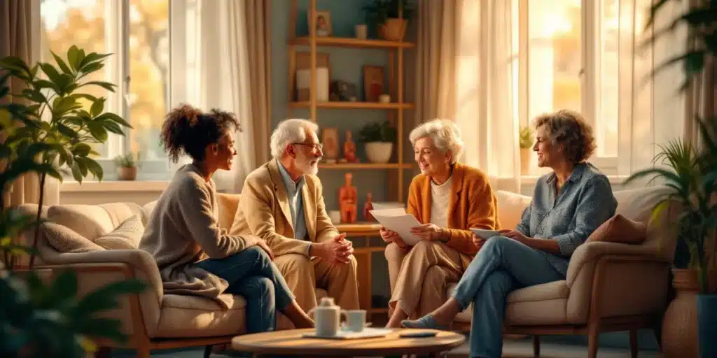 A group of happy seniors discussing wellness solutions in a cozy living room, highlighting CBD for hemorrhoid relief.