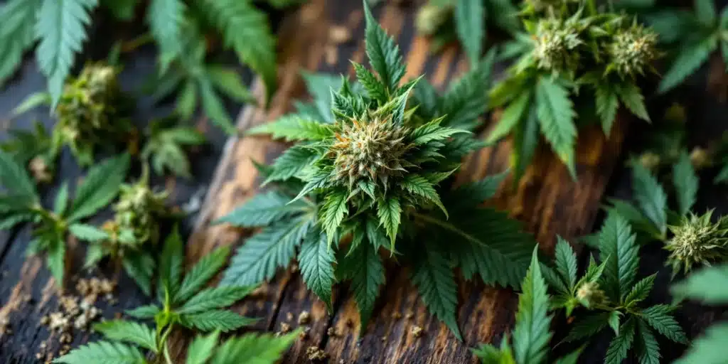 Close-up of fresh hemp plants, the source of CBD, used for hemorrhoid relief and anti-inflammatory benefits.