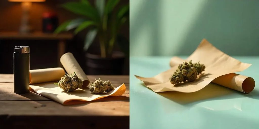 Split image comparing cannabis consumption items: a black lighter, brown rolling papers, and cannabis buds on a wooden table (left), versus cannabis bud on brown rolling paper on a green table (right).