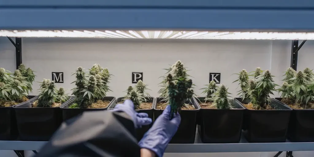 Gloved hands handling a cannabis plant in a row of potted cannabis plants labeled with "M," "P," and "K" under grow lights.