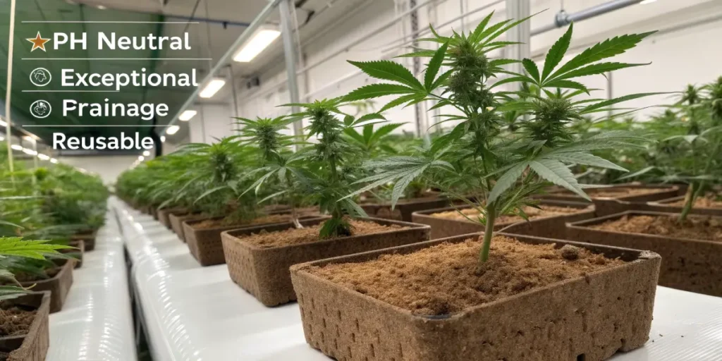 Hyper-realistic image of a cannabis cultivation facility with rows of lush plants in brown coco coir pots, and a list of ideal growing conditions: "PH Neutral," "Exceptional Drainage," and "Reusable."