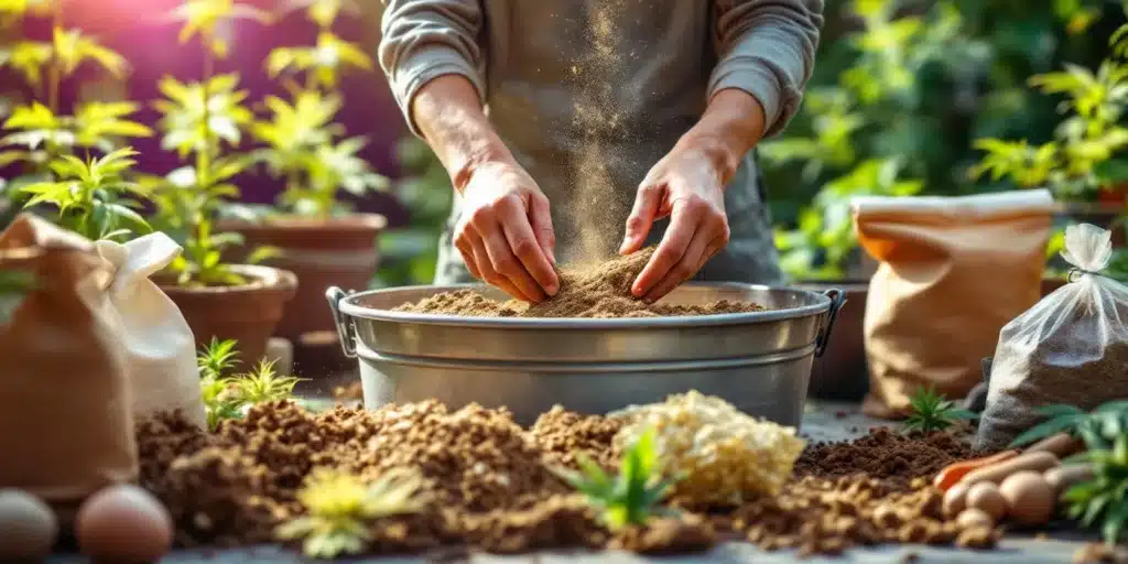 A gardener mixing organic soil for cannabis plants surrounded by natural ingredients.