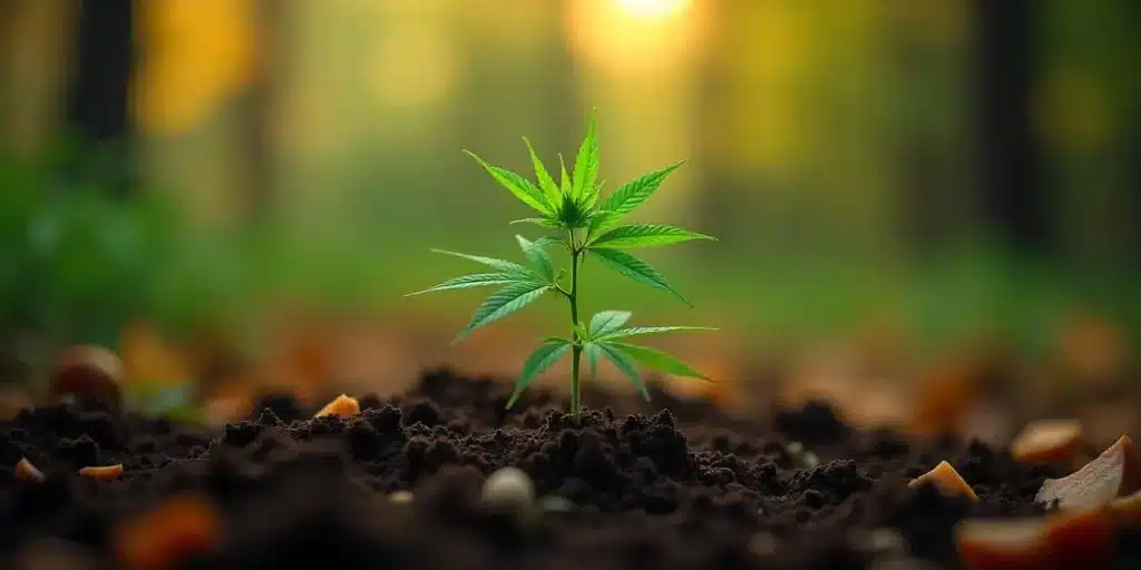 A healthy cannabis plant sprouting in rich compost, enhanced with organic waste for optimal soil health.