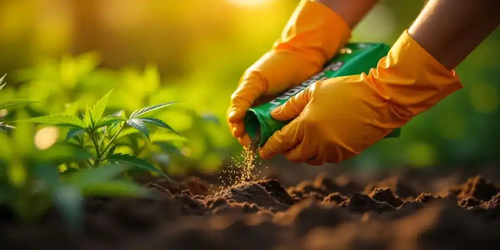 A grower using organic fertilizer to nourish young autoflower cannabis plants, ensuring strong root development and healthy yields.