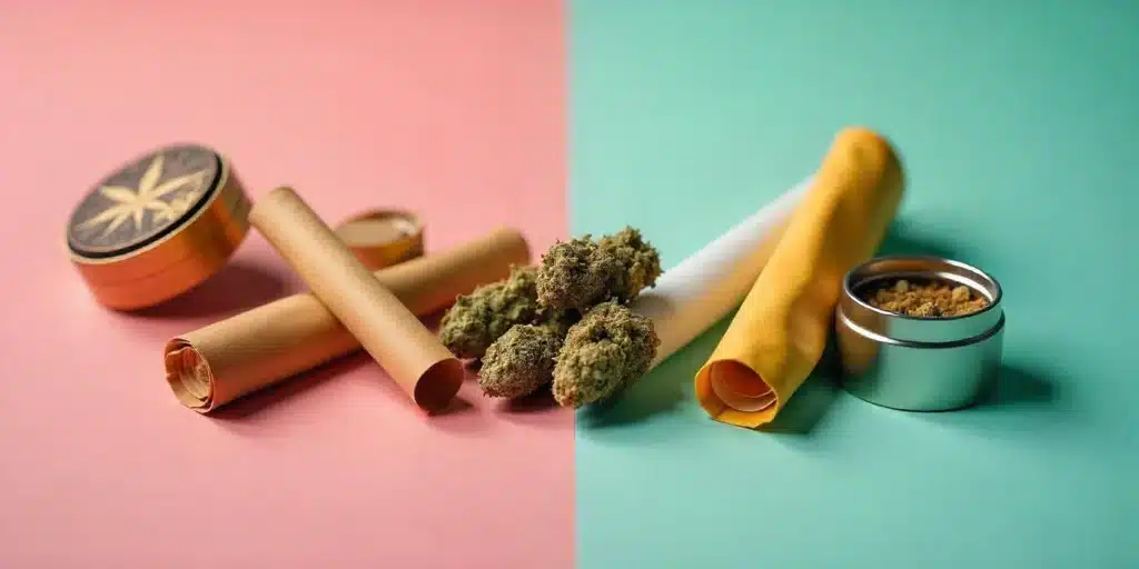 Split background with pink and teal: cannabis buds, brown rolling papers, and a grinder on pink, versus a white pre-roll and yellow rolling paper on teal.