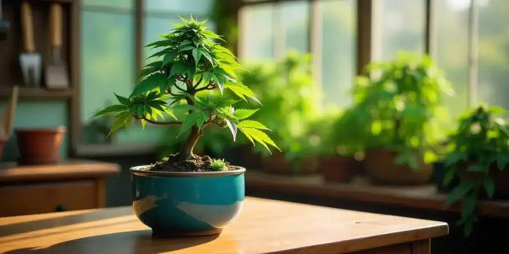 Organic cannabis bonsai tree growing indoors in a ceramic pot under natural sunlight.