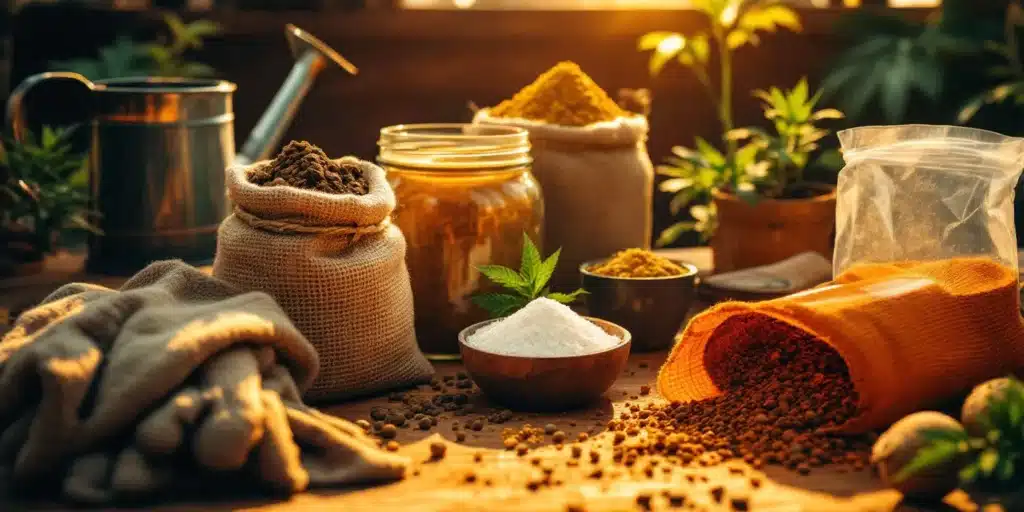 Organic fertilizers for cannabis plants displayed in natural sunlight.