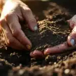 Close-up of hands holding nutrient-rich humic acid soil for cannabis cultivation.