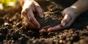 Close-up of hands holding nutrient-rich humic acid soil for cannabis cultivation.