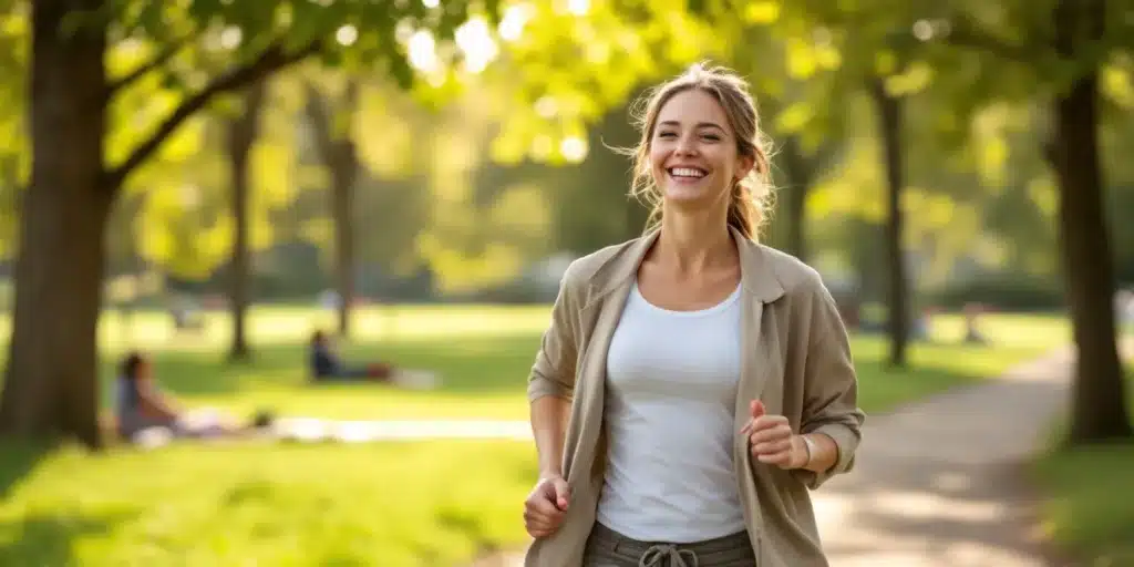 A happy woman jogging in the park, showcasing the benefits of CBD for hemorrhoid relief and improved mobility.