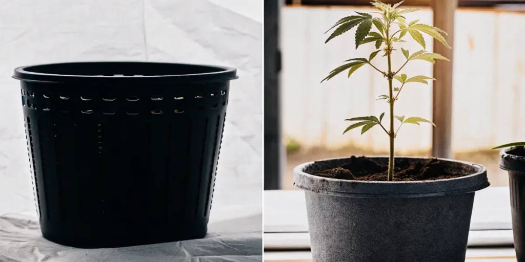 Hyper-realistic split scene: a black slotted pot on the left, and a cannabis plant in a grey pot on the right, backlit by sunlight through a window.