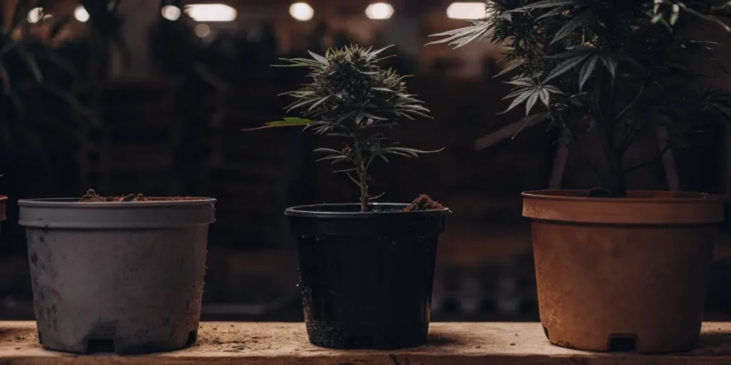 Hyper-realistic scene showcasing three potted cannabis plants in different colored pots (grey, black, terracotta), with a dim background.