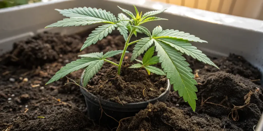 Hyper-realistic close-up of a vibrant green cannabis seedling in a black pot, surrounded by fresh soil in a raised planter.