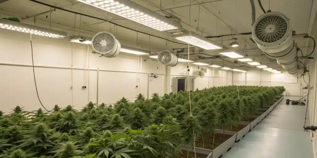 Indoor cannabis cultivation setup with equipment for powdery mildew treatment for cannabis ensuring optimal air circulation.