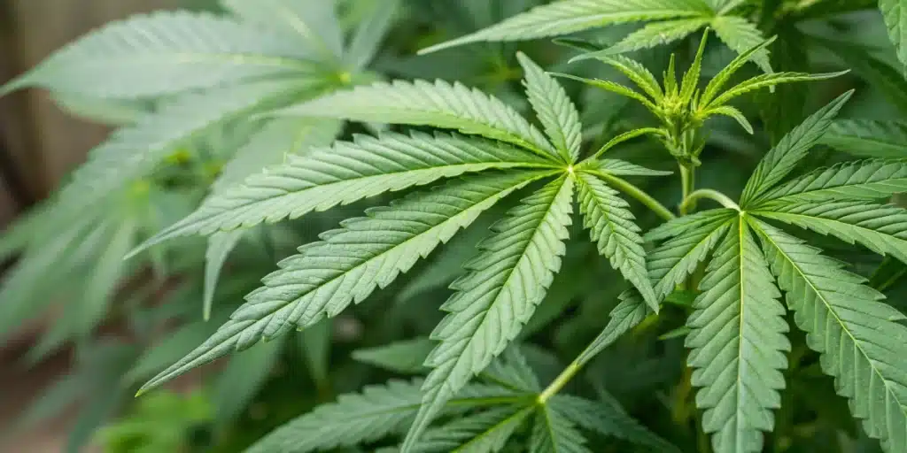 Close-up image of cannabis leaves after powdery mildew treatment for cannabis, showing healthy, green foliage.
