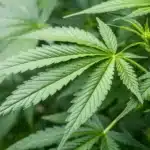 Close-up image of cannabis leaves after powdery mildew treatment for cannabis, showing healthy, green foliage.