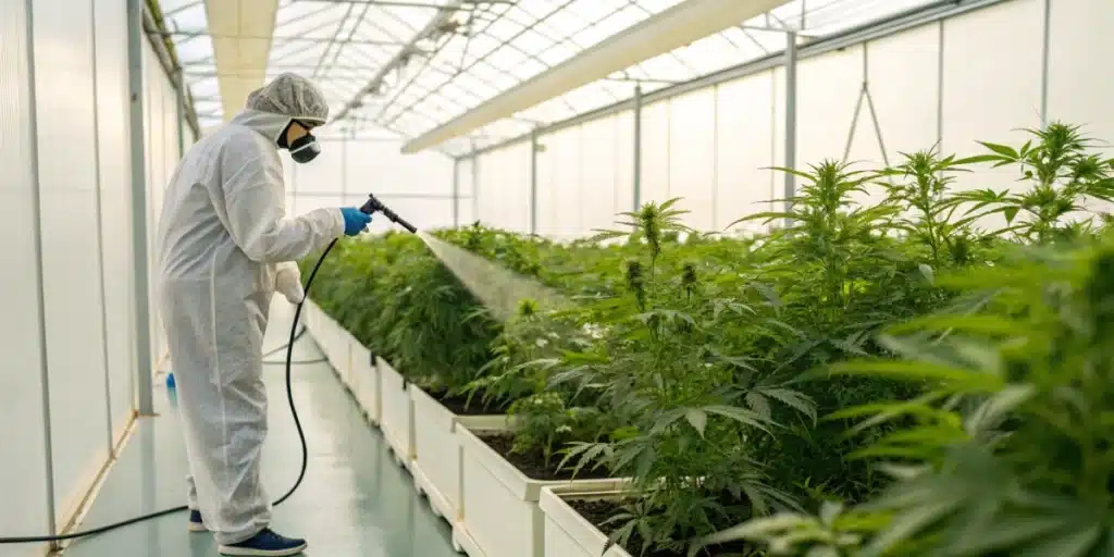 Grower applying powdery mildew treatment for cannabis in a sunlit greenhouse, demonstrating effective organic care.