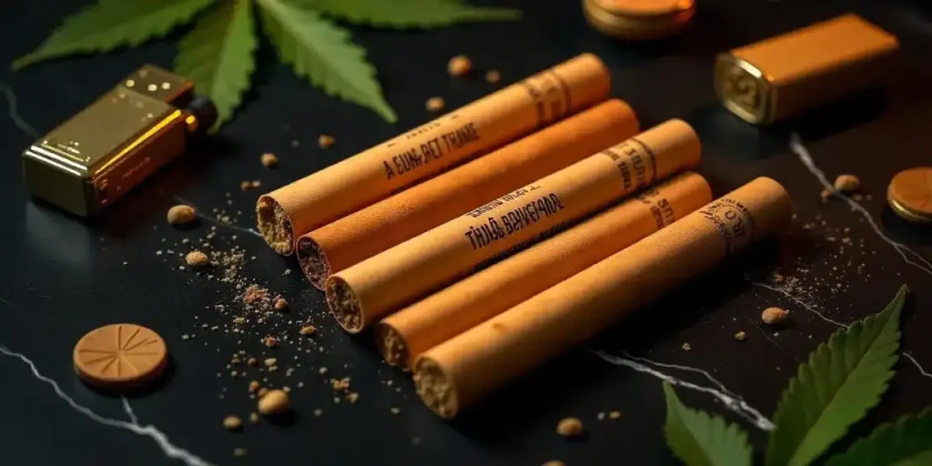 Top-quality pre-rolled blunts with golden tips and cannabis crumbs