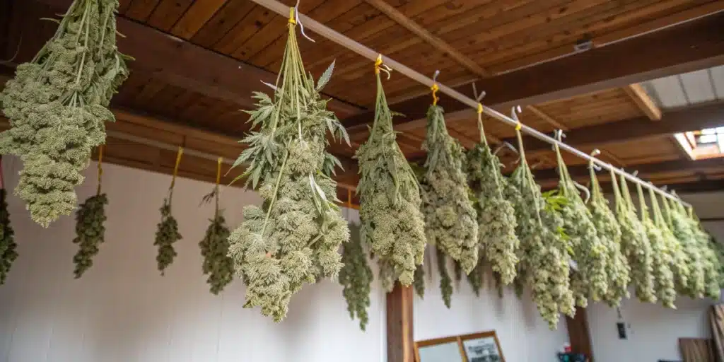 Freshly harvested White Widow Northern Lights Strain plants hanging upside down on drying lines in a rustic, wooden-ceiling room.