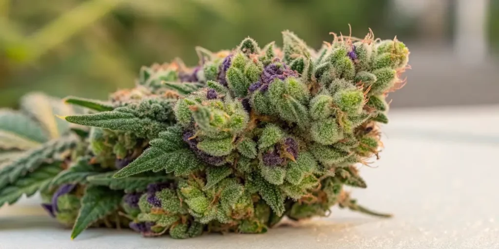 Close-up of cannabis buds with purple highlights, covered in resin.
