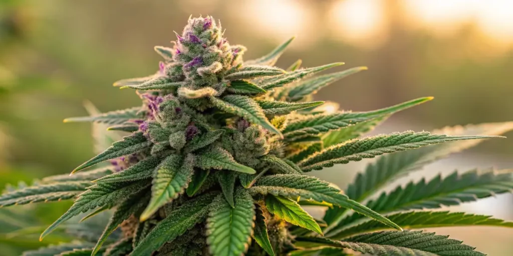 Cannabis bud with purple highlights and glistening resin under soft sunlight.