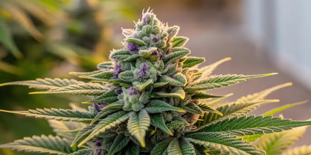 Close-up of a cannabis bud with purple hues and resinous coating.